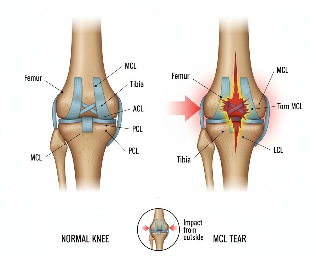 إعادة بناء الرباط الجانبي الإنسي في دبي وعلاج الرباط الجانبي الداخلي وعلاج إصابات أربطة الركبة المتعددة، بما في ذلك تمزق وتر العضلة الرباعية، مع تقنيات إعادة بناء الأربطة الركبية واستبدال الركبة بالطباعة ثلاثية الأبعاد في دبي.