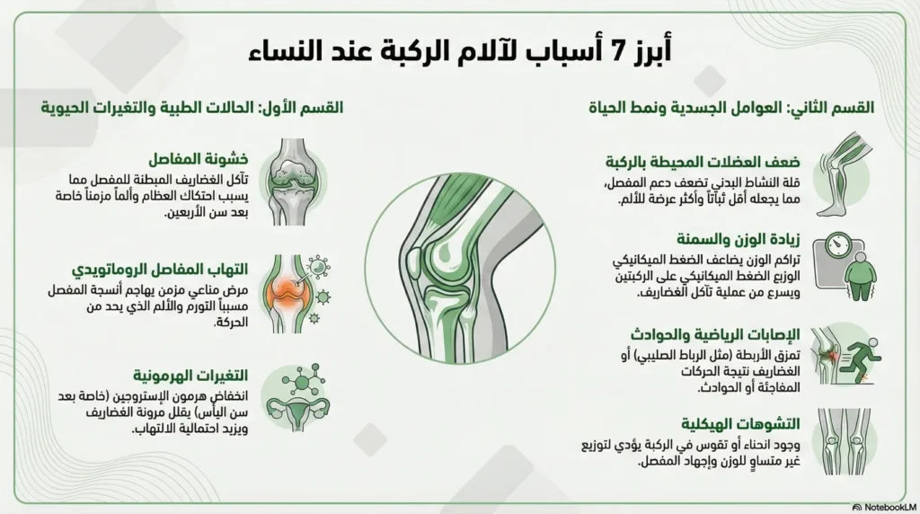 انفوجراف يوضح اسباب ألم الركبة عند النساء